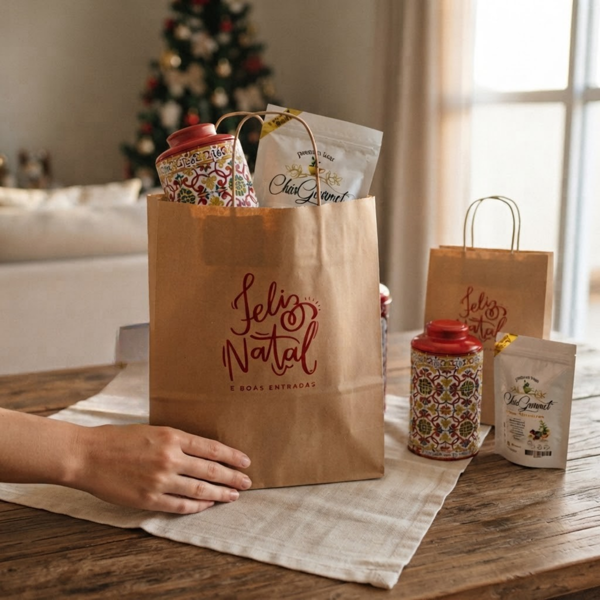 Bolsa navideña premium 42x16x50 — Embalaje kraft festivo y práctico