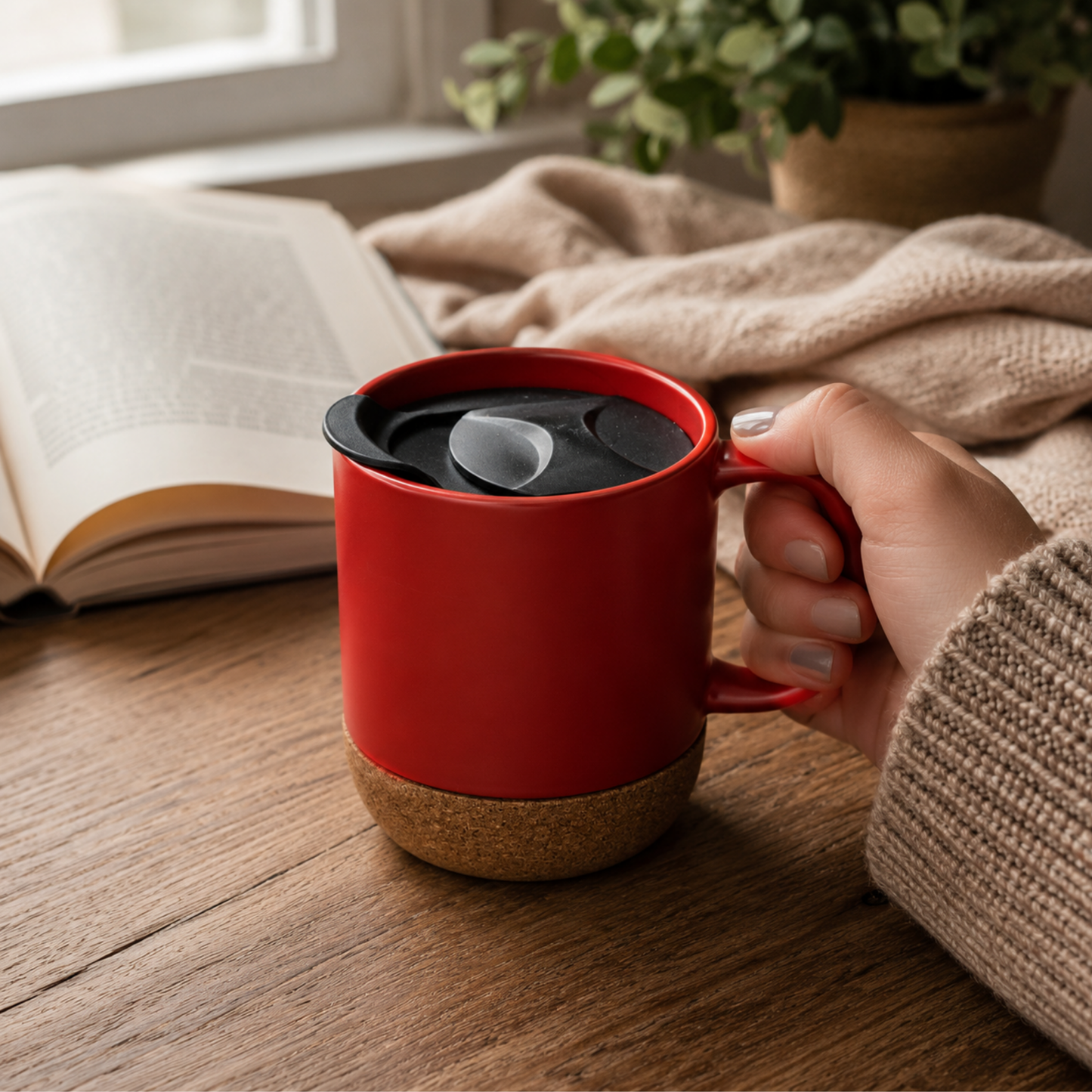 Red Mug with Sealing Lid + Cork — Preserves Aroma and Style