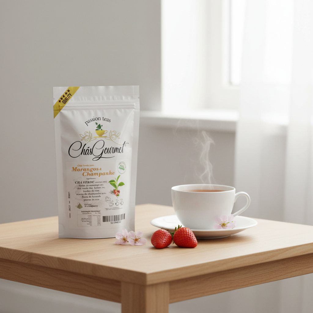 Chás Gourmet - Morangos & Champanhe lifestyle com texto nítido