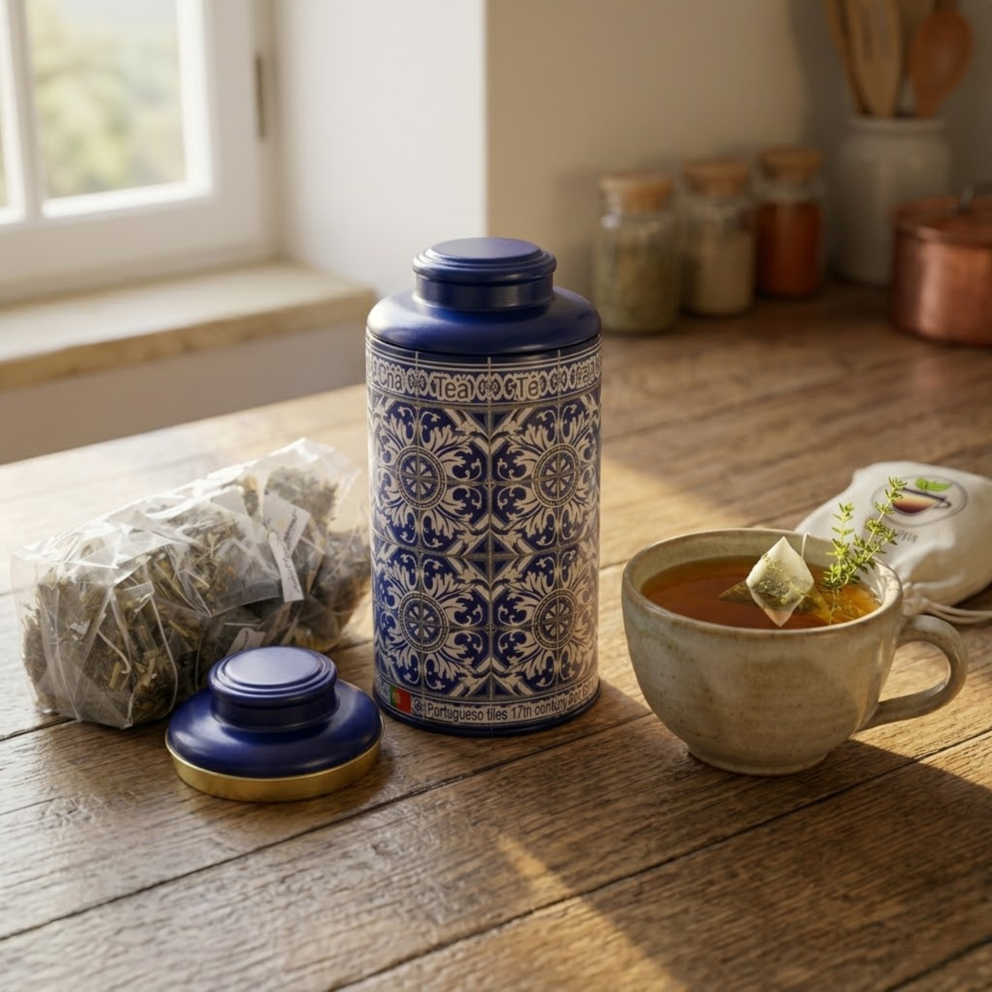 Té de hierbas con sabor portugués – Frescura y alivio (lata azul)