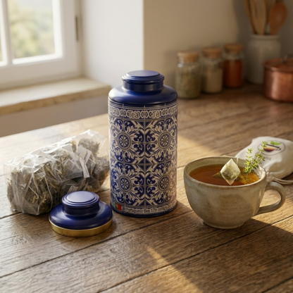 Té de hierbas con sabor portugués – Frescura y alivio (lata azul)