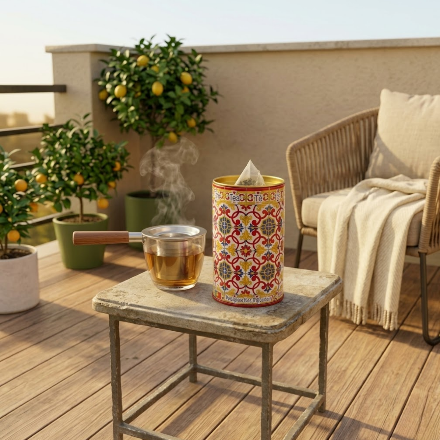 Té de hierbas con sabor portugués – Relajante y en lata roja con relieve
