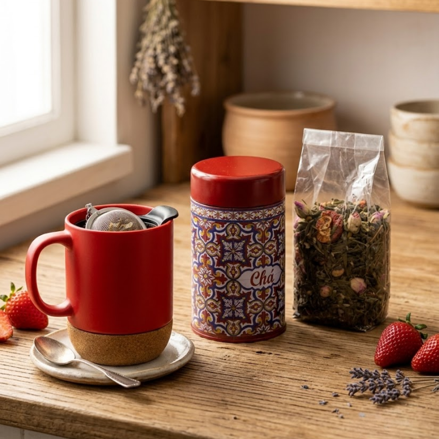 Chá Verde Morangos & Champanhe com Caneca Térmica