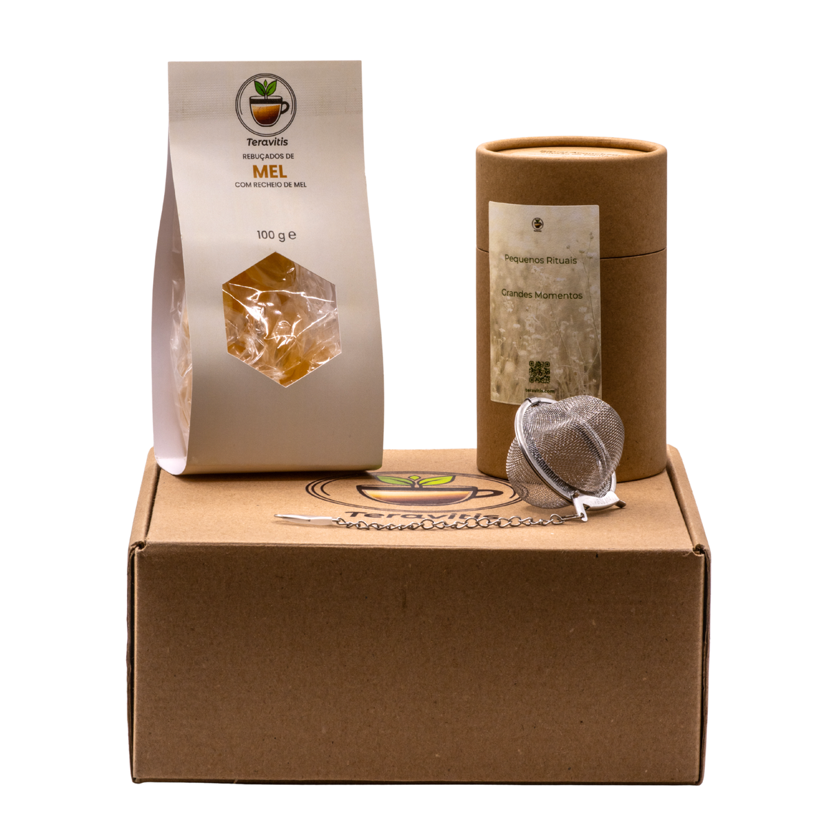 Conjunto presente de chá com Infusão Rooibos e Canela, Infusor de Chá em Inox com Corrente e Rebuçados de Mel
