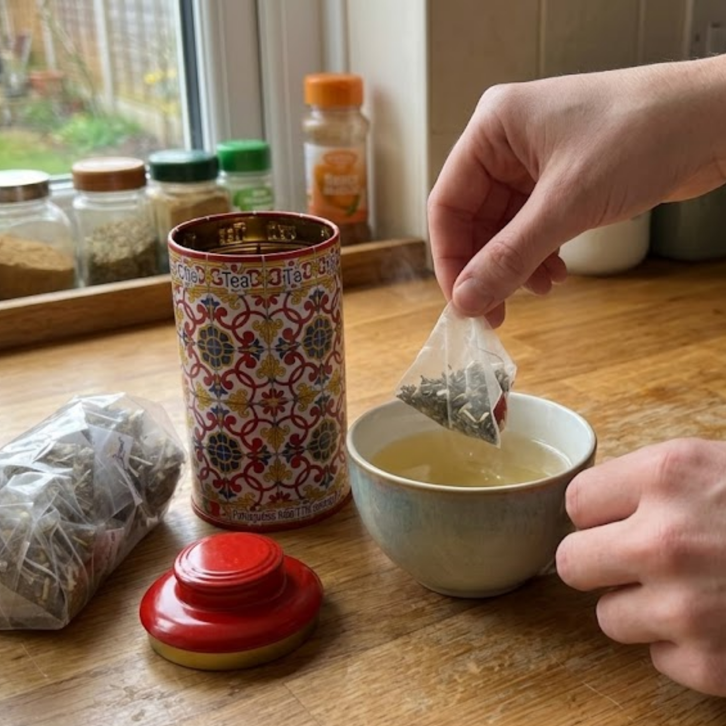 Té de hierbas con sabor portugués – Relajante y en lata roja con relieve
