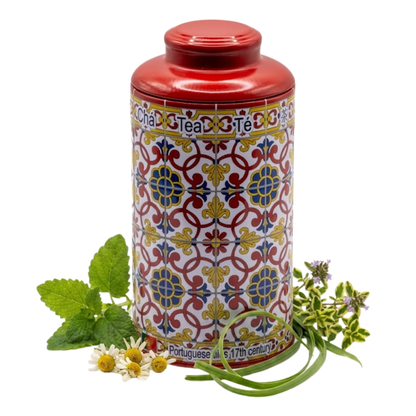Té de hierbas con sabor portugués – Relajante y en lata roja con relieve