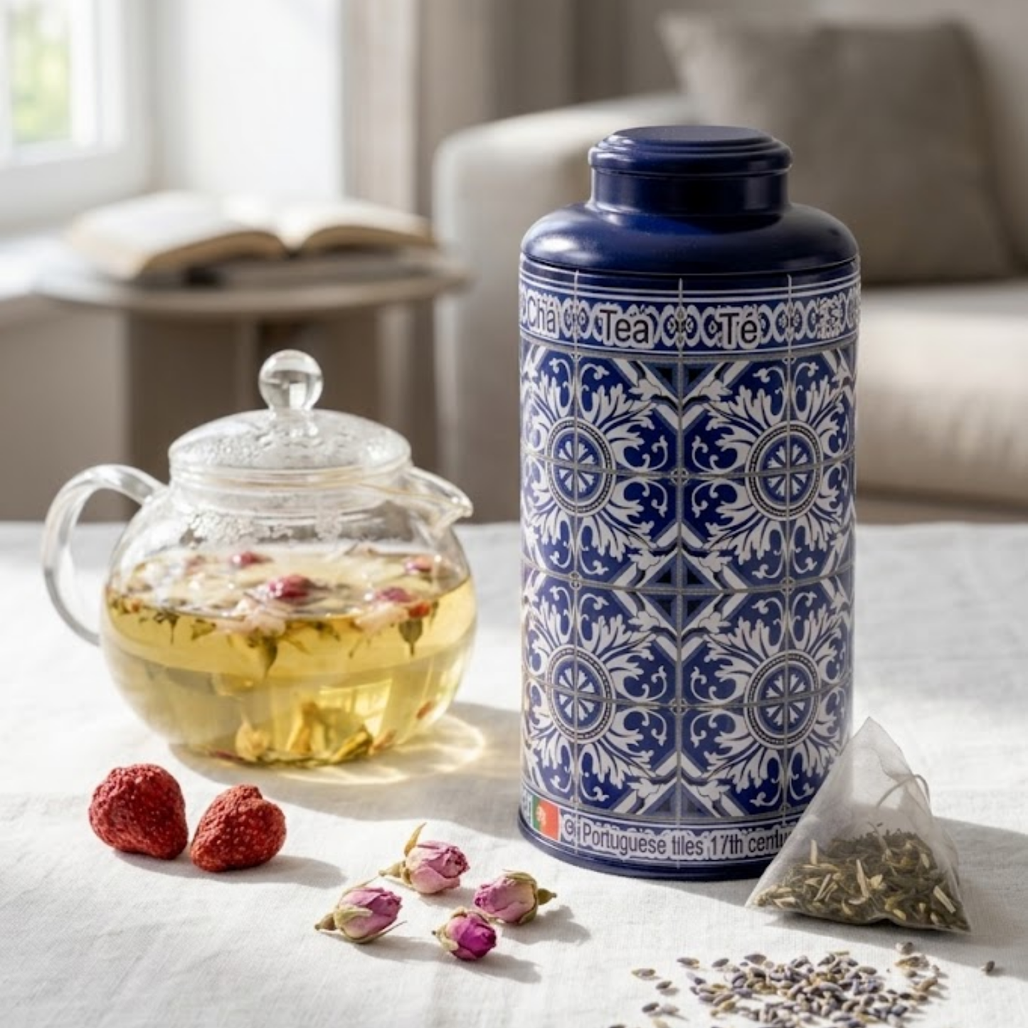 Té de hierbas con sabor portugués – Frescura y alivio (lata azul)
