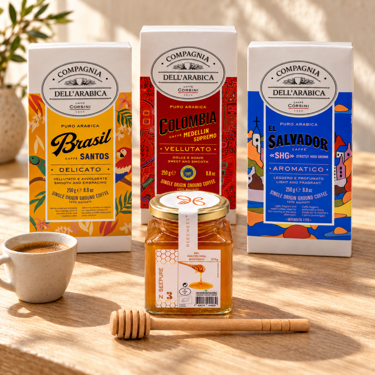 Pack 3 cafés arábica Brasil, Colômbia e El Salvador com mel biológico