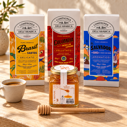 Pack 3 cafés arábica Brasil, Colômbia e El Salvador com mel biológico