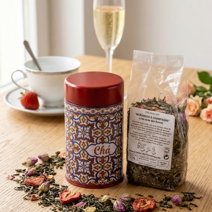 Chá Verde Açores com Morango & Champanhe – Romance Sensorial