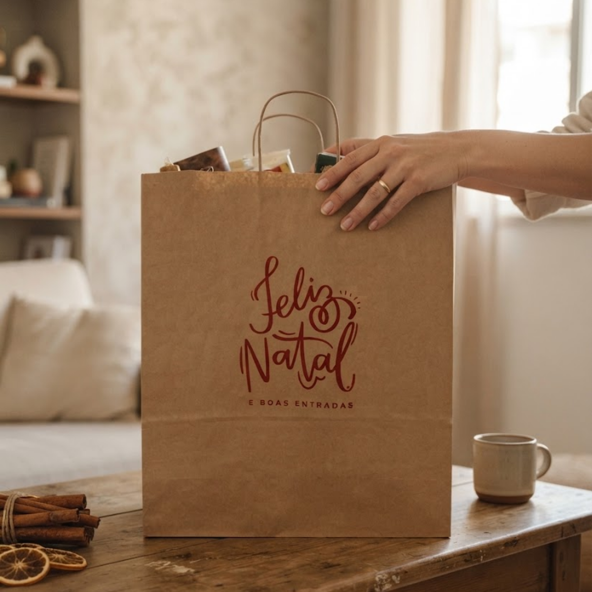 Bolsa navideña premium 42x16x50 — Embalaje kraft festivo y práctico